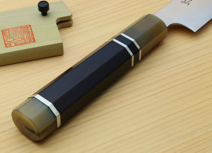 Yoshihiro Hayate ZDP-189 Super High Carbon Stainless Steel Sujihiki Kiritsuke Knife Octagonal Triple Ring Ebony Handle with Water Buffalo Horn Bolster