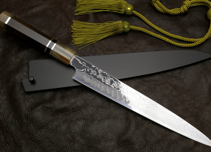Yoshihiro Hayate ZDP 189 Super High Carbon Stainless Steel Suminagashi Damascus Sujihiki Slicer Knife Triple Ring Ebony Handle