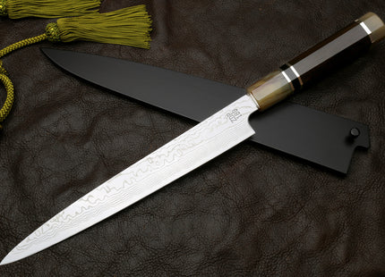 Yoshihiro Hayate ZDP 189 Super High Carbon Stainless Steel Suminagashi Damascus Sujihiki Slicer Knife Triple Ring Ebony Handle