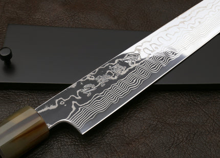Yoshihiro Hayate ZDP 189 Super High Carbon Stainless Steel Suminagashi Damascus Sujihiki Slicer Knife Triple Ring Ebony Handle