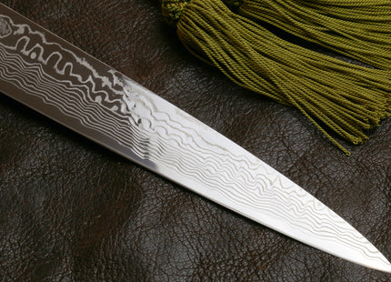 Yoshihiro Hayate ZDP 189 Super High Carbon Stainless Steel Suminagashi Damascus Sujihiki Slicer Knife Triple Ring Ebony Handle