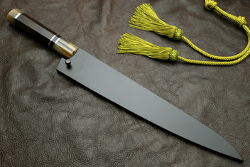 Sujihiki slicer knife with long straight blade and triple-ring handle, green tassel cord