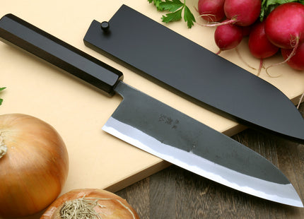 Yoshihiro High Carbon Blue Steel #2 Kurouchi Santoku Japanese Multipurpose Knife with Ebony Wood Handle
