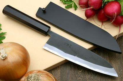 Yoshihiro High Carbon Blue Steel #2 Kurouchi Santoku Japanese Multipurpose Knife with Ebony Wood Handle