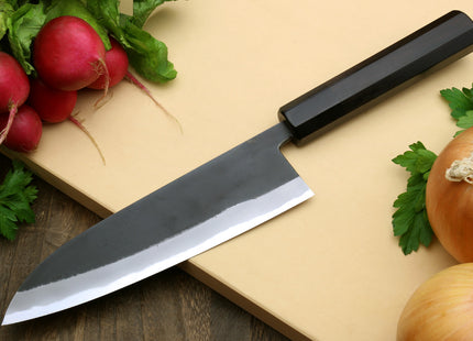 Yoshihiro High Carbon Blue Steel #2 Kurouchi Santoku Japanese Multipurpose Knife with Ebony Wood Handle