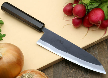 Yoshihiro High Carbon Blue Steel #2 Kurouchi Santoku Japanese Multipurpose Knife with Ebony Wood Handle