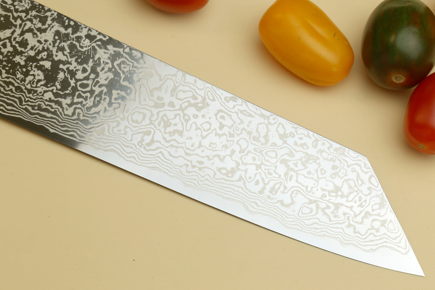 Yoshihiro High Performance Masashi SLD Damascus Steel Mirror Polish Kiritsuke Knife, Triple Ring Stabilized Maple Burl Handle