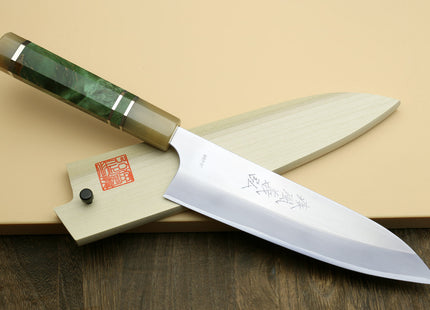 Yoshihiro High Speed Steel HAP40 Gyuto Chefs Knife with Stabilized Maple Burl Handle and Magnolia Saya Cover