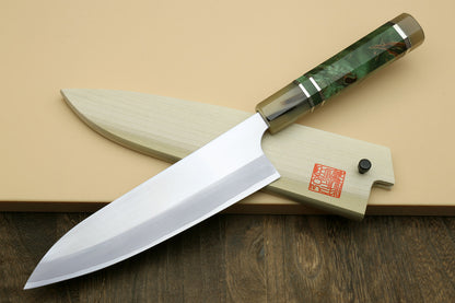 Yoshihiro High Speed Steel HAP40 Gyuto Chefs Knife with Stabilized Maple Burl Handle and Magnolia Saya Cover