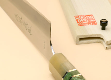 Yoshihiro High Speed Steel HAP40 Gyuto Chefs Knife with Stabilized Maple Burl Handle and Magnolia Saya Cover