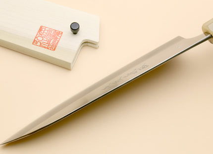 Yoshihiro High Speed Steel HAP40 Gyuto Chefs Knife with Stabilized Maple Burl Handle and Magnolia Saya Cover