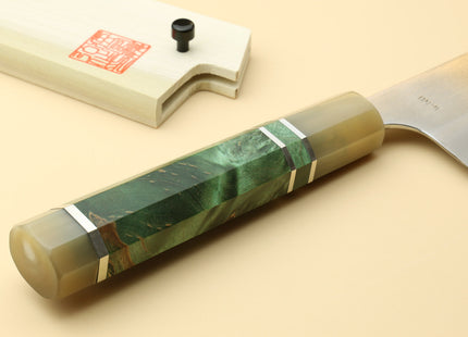 Yoshihiro High Speed Steel HAP40 Gyuto Chefs Knife with Stabilized Maple Burl Handle and Magnolia Saya Cover