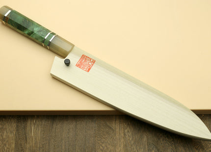 Yoshihiro High Speed Steel HAP40 Gyuto Chefs Knife with Stabilized Maple Burl Handle and Magnolia Saya Cover