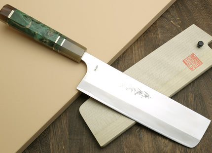 Yoshihiro High Speed Steel HAP40 Nakiri Vegetable Chefs Knife with Stabilized Maple Burl Handle and Magnolia Saya Cover