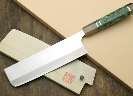 Yoshihiro High Speed Steel HAP40 Nakiri Vegetable Chefs Knife with Stabilized Maple Burl Handle and Magnolia Saya Cover