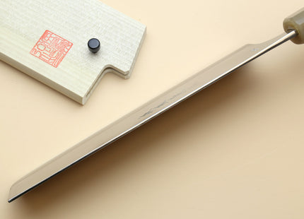 Yoshihiro High Speed Steel HAP40 Nakiri Vegetable Chefs Knife with Stabilized Maple Burl Handle and Magnolia Saya Cover
