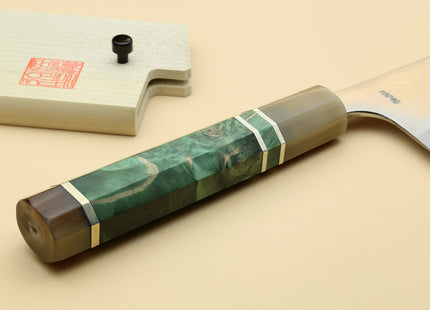 Yoshihiro High Speed Steel HAP40 Nakiri Vegetable Chefs Knife with Stabilized Maple Burl Handle and Magnolia Saya Cover