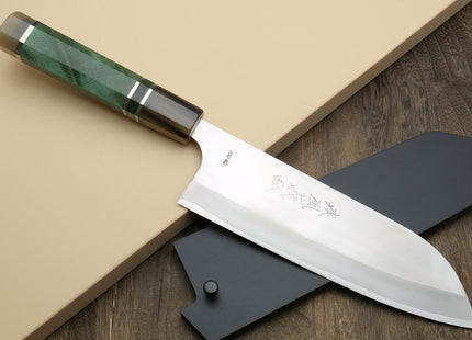 Yoshihiro High Speed Steel HAP40 Santoku Multipurpose Chefs Knife with Stabilized Maple Burl Handle and Nuri Saya Cover