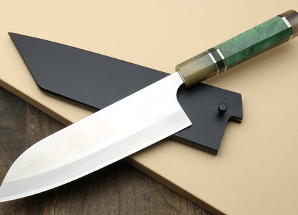 Yoshihiro High Speed Steel HAP40 Santoku Multipurpose Chefs Knife with Stabilized Maple Burl Handle and Nuri Saya Cover