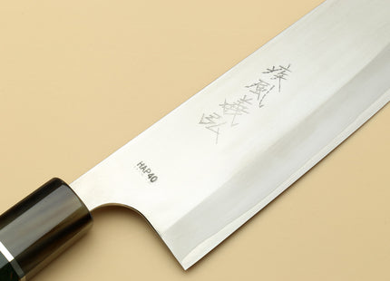 Yoshihiro High Speed Steel HAP40 Santoku Multipurpose Chefs Knife with Stabilized Maple Burl Handle and Nuri Saya Cover