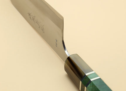 Yoshihiro High Speed Steel HAP40 Santoku Multipurpose Chefs Knife with Stabilized Maple Burl Handle and Nuri Saya Cover
