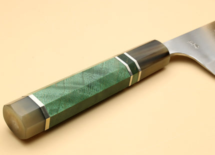 Yoshihiro High Speed Steel HAP40 Santoku Multipurpose Chefs Knife with Stabilized Maple Burl Handle and Nuri Saya Cover