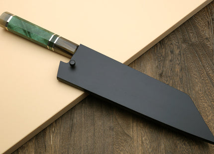 Yoshihiro High Speed Steel HAP40 Santoku Multipurpose Chefs Knife with Stabilized Maple Burl Handle and Nuri Saya Cover