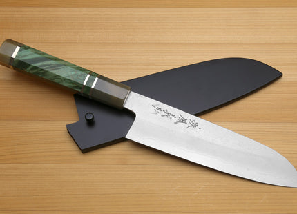 Yoshihiro Hiryu Suminagashi Ginsan High Carbon Stainless Steel Santoku Multipurpose Knife Triple Ring Stabilized Maple Burl Handle