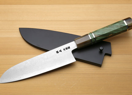 Yoshihiro Hiryu Suminagashi Ginsan High Carbon Stainless Steel Santoku Multipurpose Knife Triple Ring Stabilized Maple Burl Handle