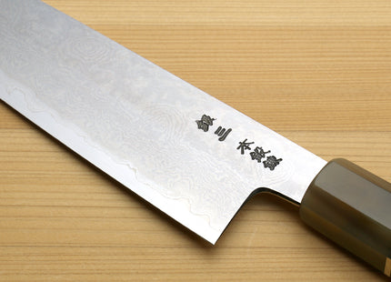 Yoshihiro Hiryu Suminagashi Ginsan High Carbon Stainless Steel Santoku Multipurpose Knife Triple Ring Stabilized Maple Burl Handle