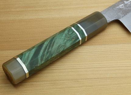 Yoshihiro Hiryu Suminagashi Ginsan High Carbon Stainless Steel Santoku Multipurpose Knife Triple Ring Stabilized Maple Burl Handle