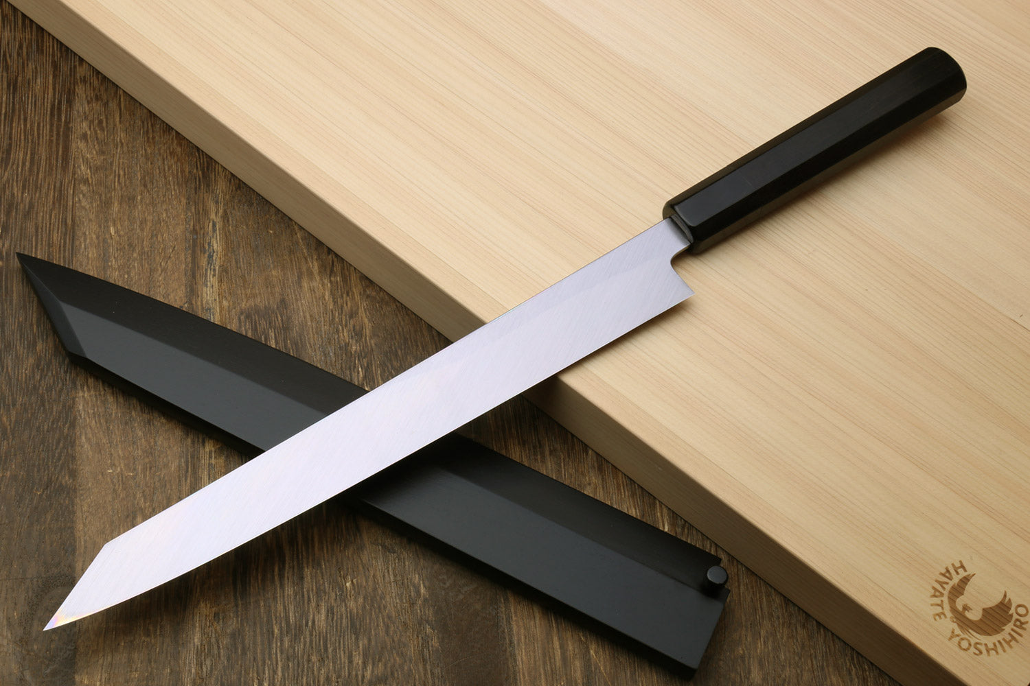 Yoshihiro Hongasumi White Steel Yanagi-Kiritsuke Sushi Sashimi Japanese Knife Ebony Handle with Nuri Saya Cover