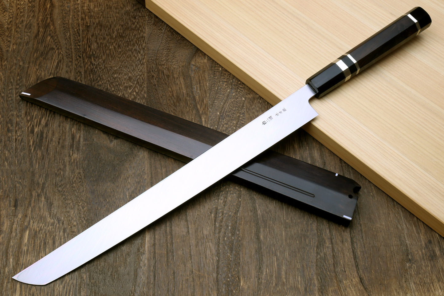 Yoshihiro Honyaki White Steel Mirror Finished Namiukashi Sakimaru Takobiki Sushi Sashimi Japanese Knife with Triple Nickel Silver Ring Ebony Handle and Premium Ebony Saya