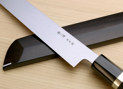 Yoshihiro Honyaki White Steel Mirror Finished Namiukashi Sakimaru Takobiki Sushi Sashimi Japanese Knife with Triple Nickel Silver Ring Ebony Handle and Premium Ebony Saya