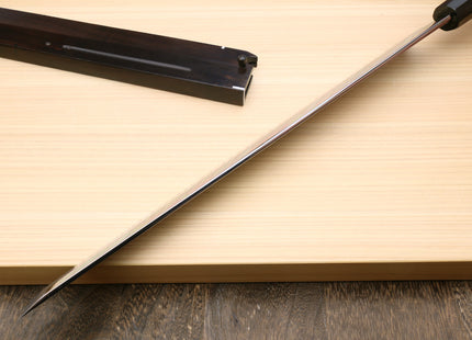 Yoshihiro Honyaki White Steel Mirror Finished Namiukashi Sakimaru Takobiki Sushi Sashimi Japanese Knife with Triple Nickel Silver Ring Ebony Handle and Premium Ebony Saya