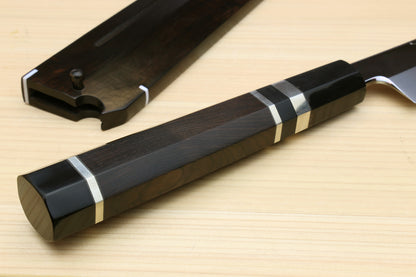 Yoshihiro Honyaki White Steel Mirror Finished Namiukashi Sakimaru Takobiki Sushi Sashimi Japanese Knife with Triple Nickel Silver Ring Ebony Handle and Premium Ebony Saya