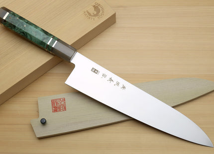 Yoshihiro Inox Honyaki Stain Resistant Steel Wa Gyuto Chef Knife with Stabilized Maple Burl Handle and Magnolia Saya Cover