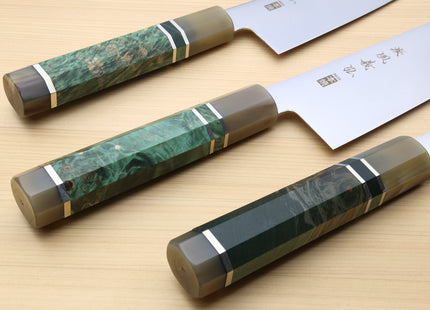 Yoshihiro Inox Honyaki Stain Resistant Steel Wa Gyuto Chef Knife with Stabilized Maple Burl Handle and Magnolia Saya Cover