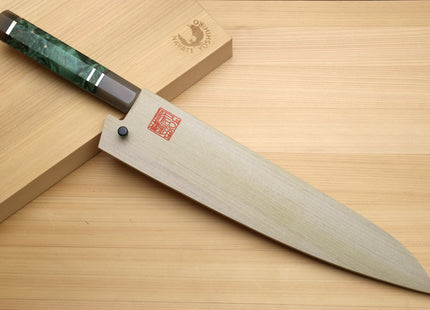 Yoshihiro Inox Honyaki Stain Resistant Steel Wa Gyuto Chef Knife with Stabilized Maple Burl Handle and Magnolia Saya Cover