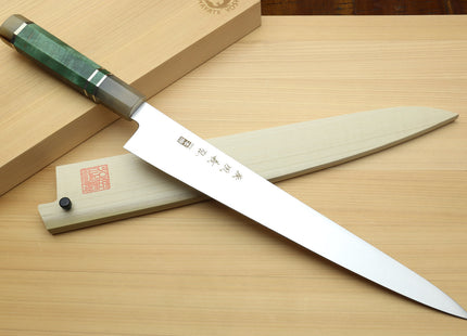 Yoshihiro Inox Honyaki Stain Resistant Steel Wa Sujihiki Slicer Knife with Stabilized Maple Burl Handle and Magnolia Saya