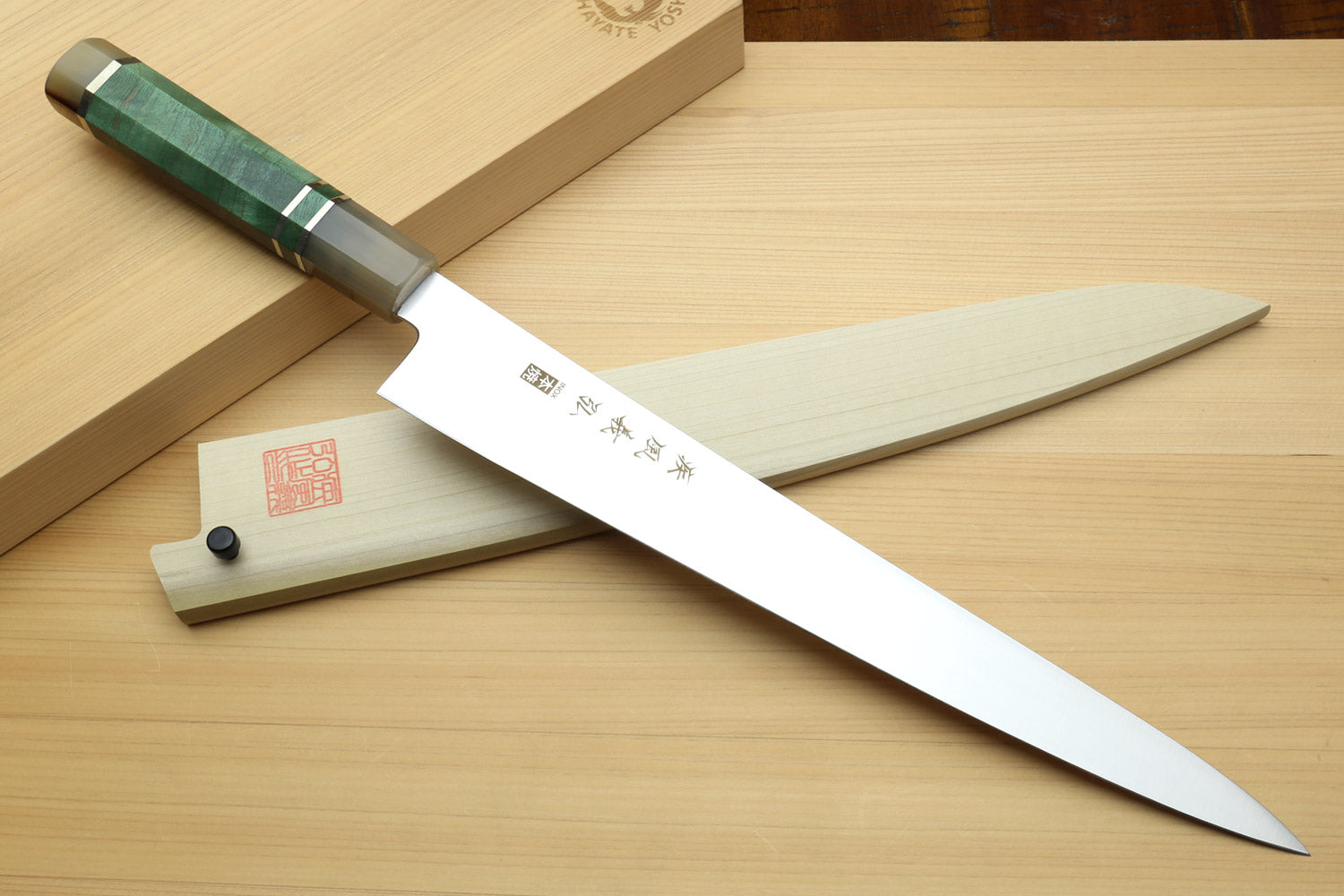 Yoshihiro Inox Honyaki Stain Resistant Steel Wa Sujihiki Slicer Knife with Stabilized Maple Burl Handle and Magnolia Saya