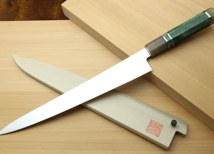 Yoshihiro Inox Honyaki Stain Resistant Steel Wa Sujihiki Slicer Knife with Stabilized Maple Burl Handle and Magnolia Saya