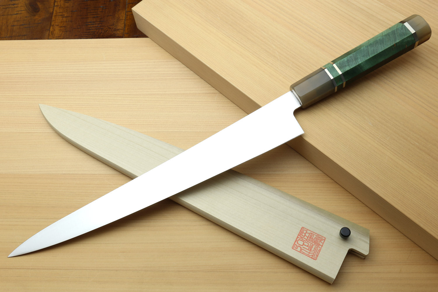 Yoshihiro Inox Honyaki Stain Resistant Steel Wa Sujihiki Slicer Knife with Stabilized Maple Burl Handle and Magnolia Saya