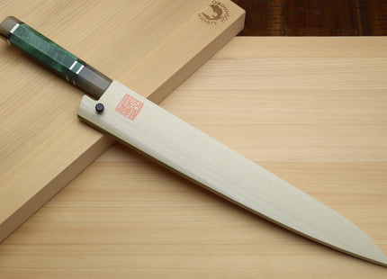 Yoshihiro Inox Honyaki Stain Resistant Steel Wa Sujihiki Slicer Knife with Stabilized Maple Burl Handle and Magnolia Saya