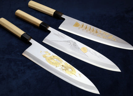 Yoshihiro Kasumi White Steel Deba Fish Fillet Knife - Hand-Etched Gold 3-SET, Limited Edition, 300mm (Magnolia Handles)