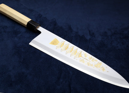 Yoshihiro Kasumi White Steel Deba Fish Fillet Knife - Hand-Etched Gold 3-SET, Limited Edition, 300mm (Magnolia Handles)