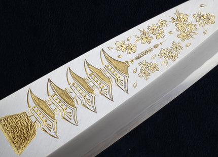 Yoshihiro Kasumi White Steel Deba Fish Fillet Knife - Hand-Etched Gold 3-SET, Limited Edition, 300mm (Magnolia Handles)