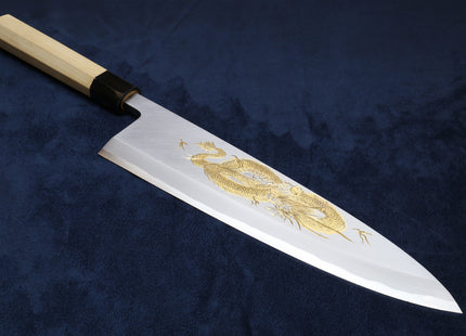 Yoshihiro Kasumi White Steel Deba Fish Fillet Knife - Hand-Etched Gold 3-SET, Limited Edition, 300mm (Magnolia Handles)