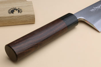 Deba knife with white steel blade, rosewood handle, and black ferrule