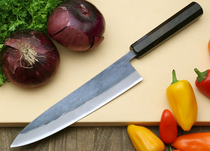 Yoshihiro Kurouchi Black-Forged Blue Steel Stainless Clad Gyuto Chefs Knife and Petty Utility Knife 2PC SET (Ebony Handle)